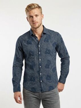 Mango | Men's Navy Blue Folk Art Print Shirt — Medium